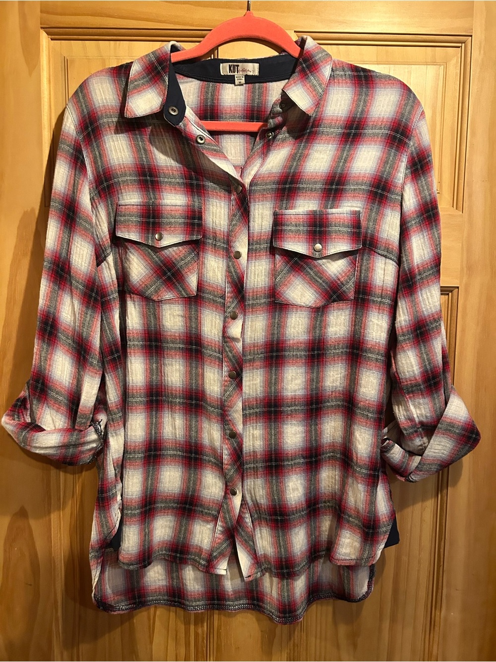 Kut from the Kloth Red and White Plaid Button-Down Shirt